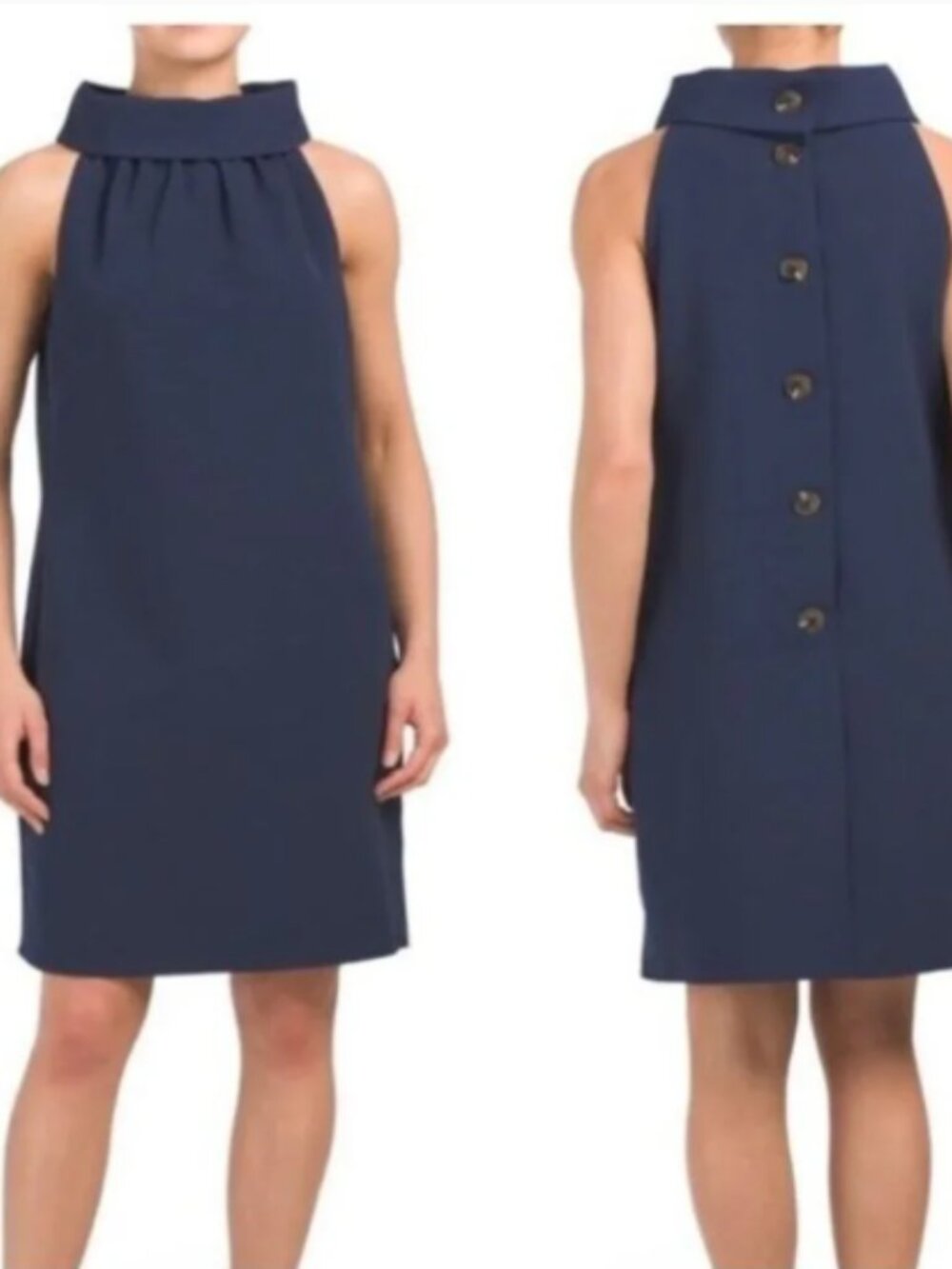STS Sail to Sable Navy Blue Cowl Neck Button Back Sleeveless Shift Dress Size L - Picture 4 of 6